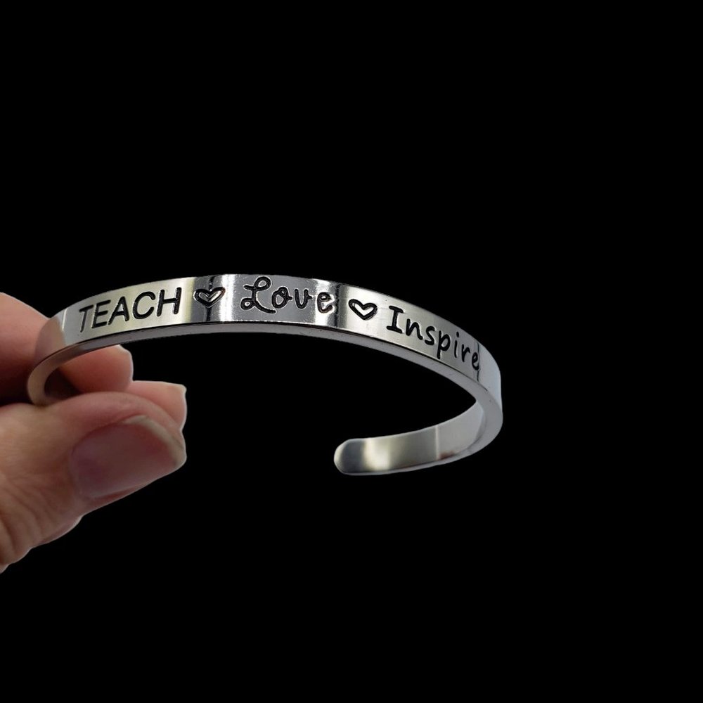 Teacher Gift Teach Love Inspire Hand Stamped Bracelet Stainless Steel - Picture 3 of 8